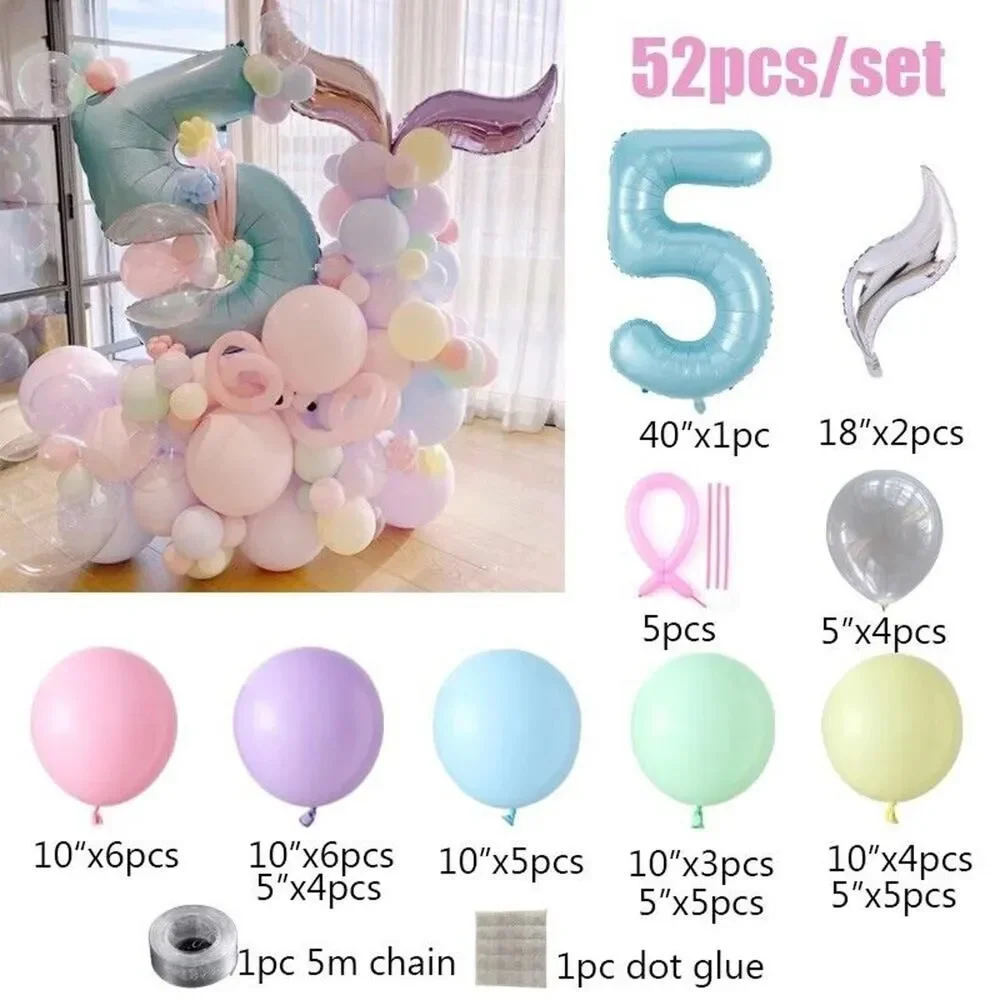 52 Piece Set Mermaid Tail 5th Birthday Party Macaron Pastel 40 Number Foil Girl